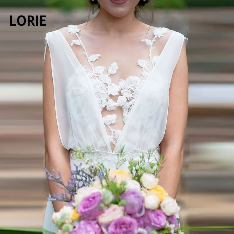 LORIE robes de mariée de plage élégantes 2019 nouvelle dentelle appliquée sans manches a-ligne Boho robes de mariée robes de soirée de mariée avec Train