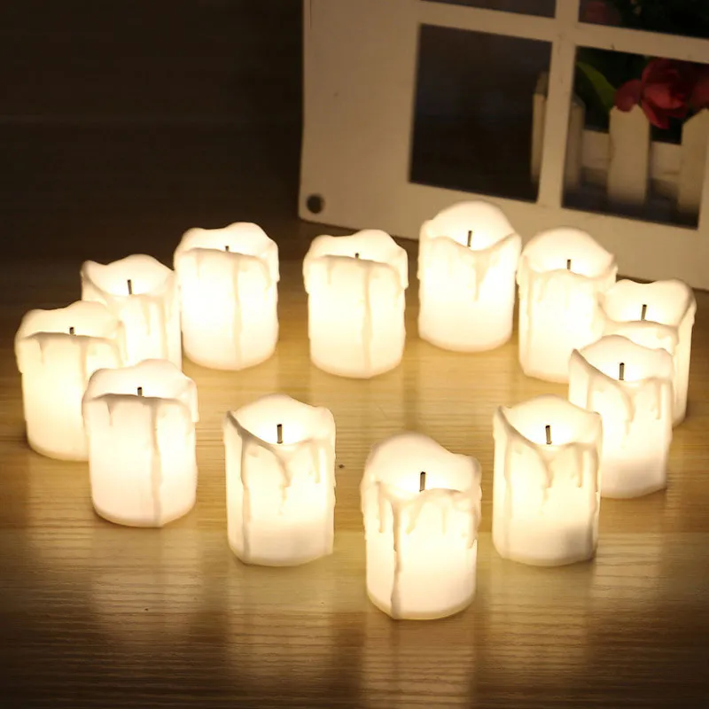 12 조각 LED 전기 배터리 전원 Tealight 촛불 따뜻한 화이트 깜박이는 검은 윅이 크리스마스 결혼식에 대 한 Flameless