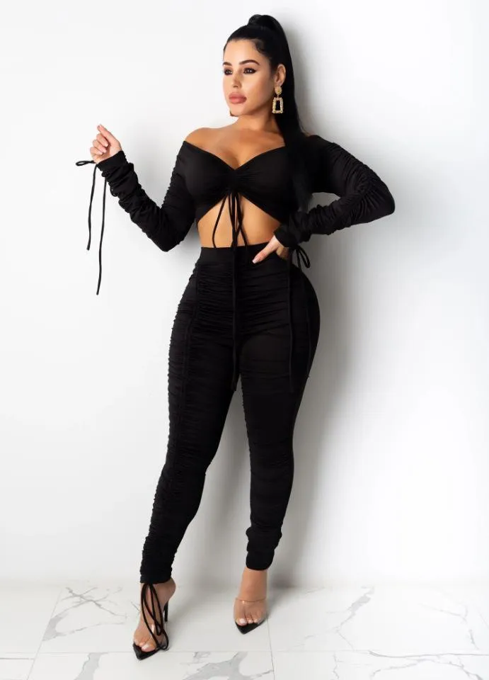 womens fall sexy 2 two piece outfits sets Drawstring Pleated long sleeve crop top skinny pants suits streetwear nightclub plus size clothing