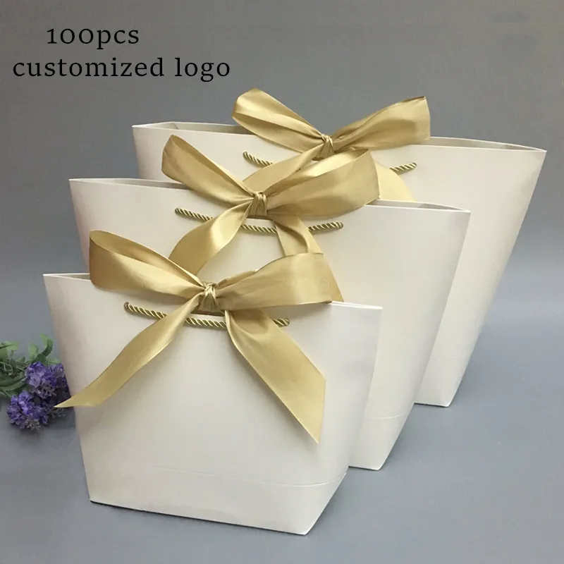 100x sac d'emballage or poignée papier boîte-cadeau sacs pour fête de mariage Pack vêtements livres perruque sac à provisions grande taille logo personnalisé