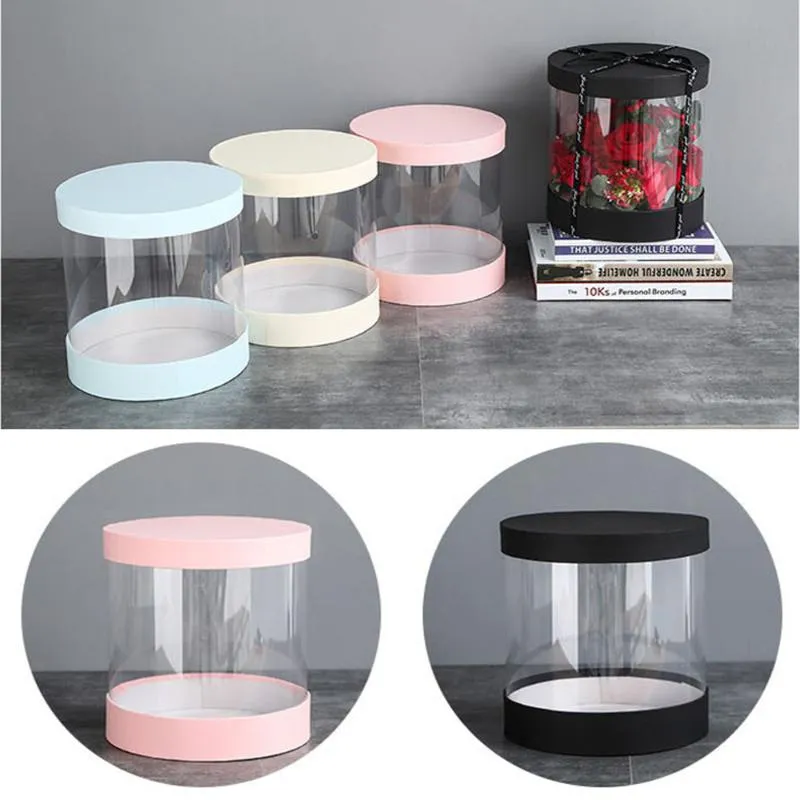 Runde Blumenpapierboxen Hug Florist Flowers Bucket Transparente PVC-Kuchen-Geschenkbox Damen präsentiert Papierverpackung Case Lid Party