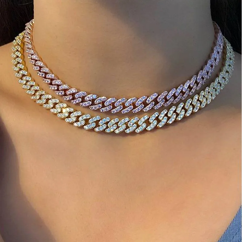 2020 Nieuwe 9mm Iced Out Bling CZ Miami Cubaanse Link Ketting Twee Tone met Wit Roze CZ Choker Ketting Zilveren Kleur Vrouwen Sieraden