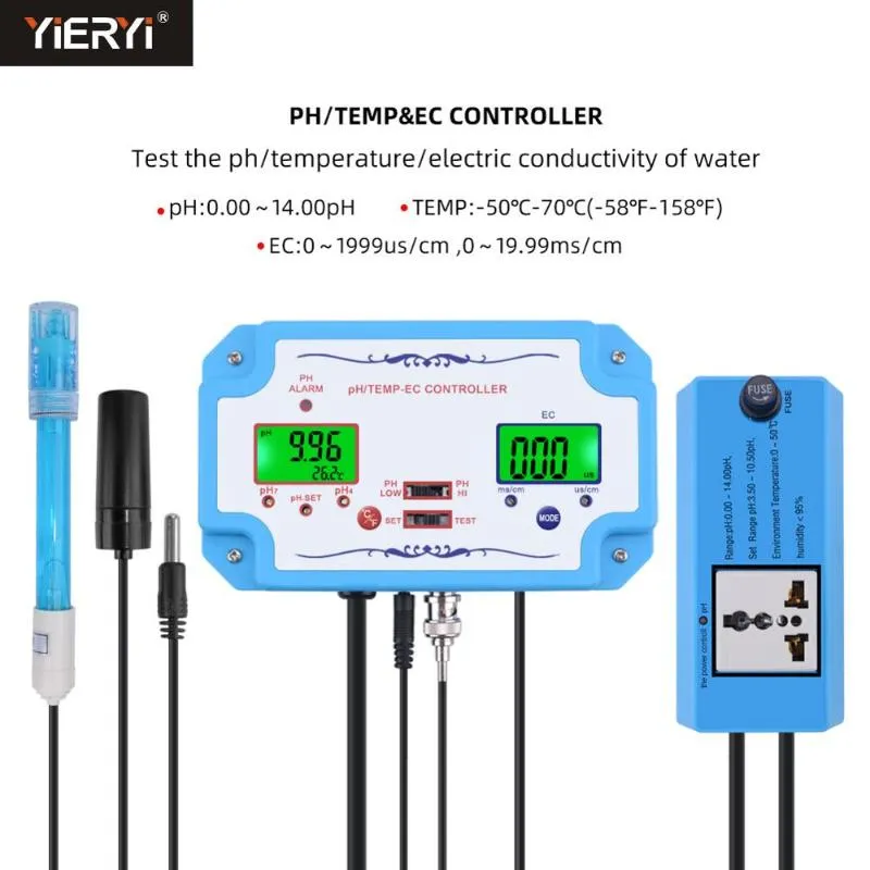 Çevrimiçi PH/EC/Sıcaklık Test Cihazı Su Kalitesi Dedektörü PH Denetleyicisi Röle Tapası Değiştirilebilir Elektrot BNC Tip Prob US AB Fişi