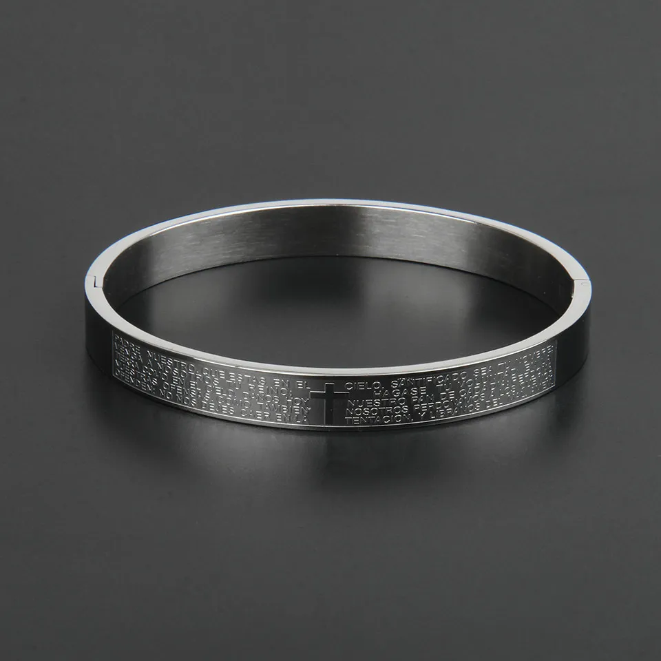 New Fashion Cross Cuff Bracelet Silver Stainless Steel Open Bangles Carving Spanish Scripture Faith Jewelry For Man249E