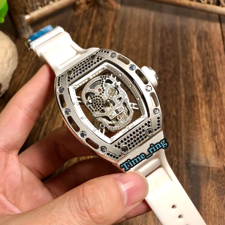 Best Edition RM052 Skeleton Dial Silver Diamante Case Japan Miyota Automatic Movement RM052 Mens Watch White Rubber Strap Designer Watches