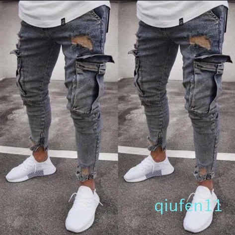 Venda Quente-Nova Moda Lavada Jeans Mens Rasgado Jeans Skinny Destruído desgastado Slim Fit Denim Pocket Polt Pant Size S-2XL