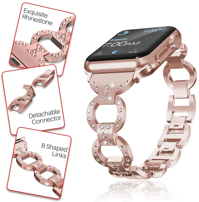 Diamond Rhinestone in acciaio inossidabile in acciaio inossidabile cinturino da bracciale per la ricambio per Apple Watch Iwatch Series41mm 45mm 7 6 5 4 3 2 1 38mm 40mm 42mm 44mm