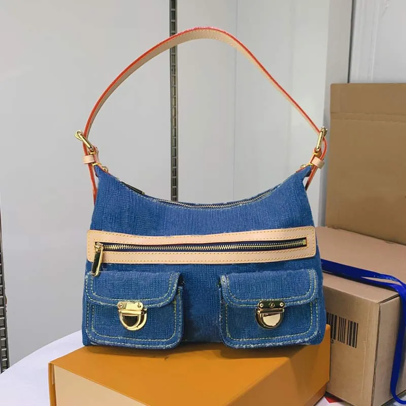 High Fashion Woman Bags Denim Shoulder Handbags Ladies Armpit Handbags Purses Bags Stripes Bag Multiple Pockets