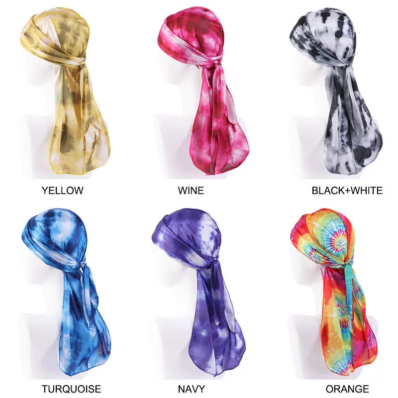 New tie-dyed Thick Silk Durag Floral Printing Silky Durags Bandanas for Men Hair Wave Cap Long Straps Headband Men Silk Durag