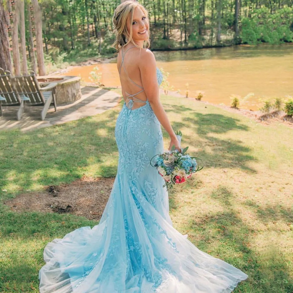 Light blue on sale halter prom dress