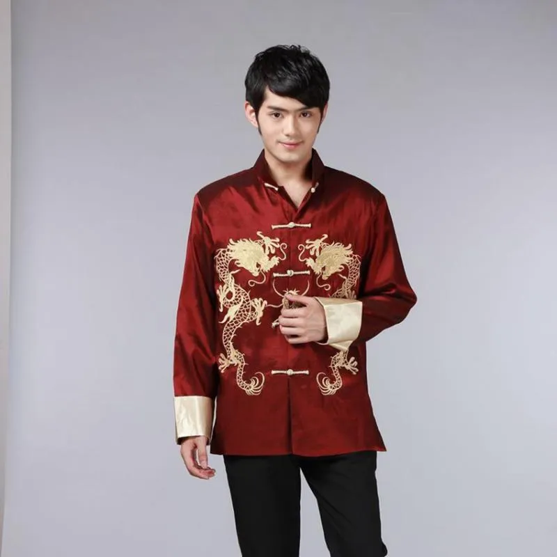 8 renkli Çin gömlek Geleneksel Çin Giysileri Erkekler En İyi Erkekler Tang Takım Ejderha Satin Uzun Kollu Kostüm Retro
