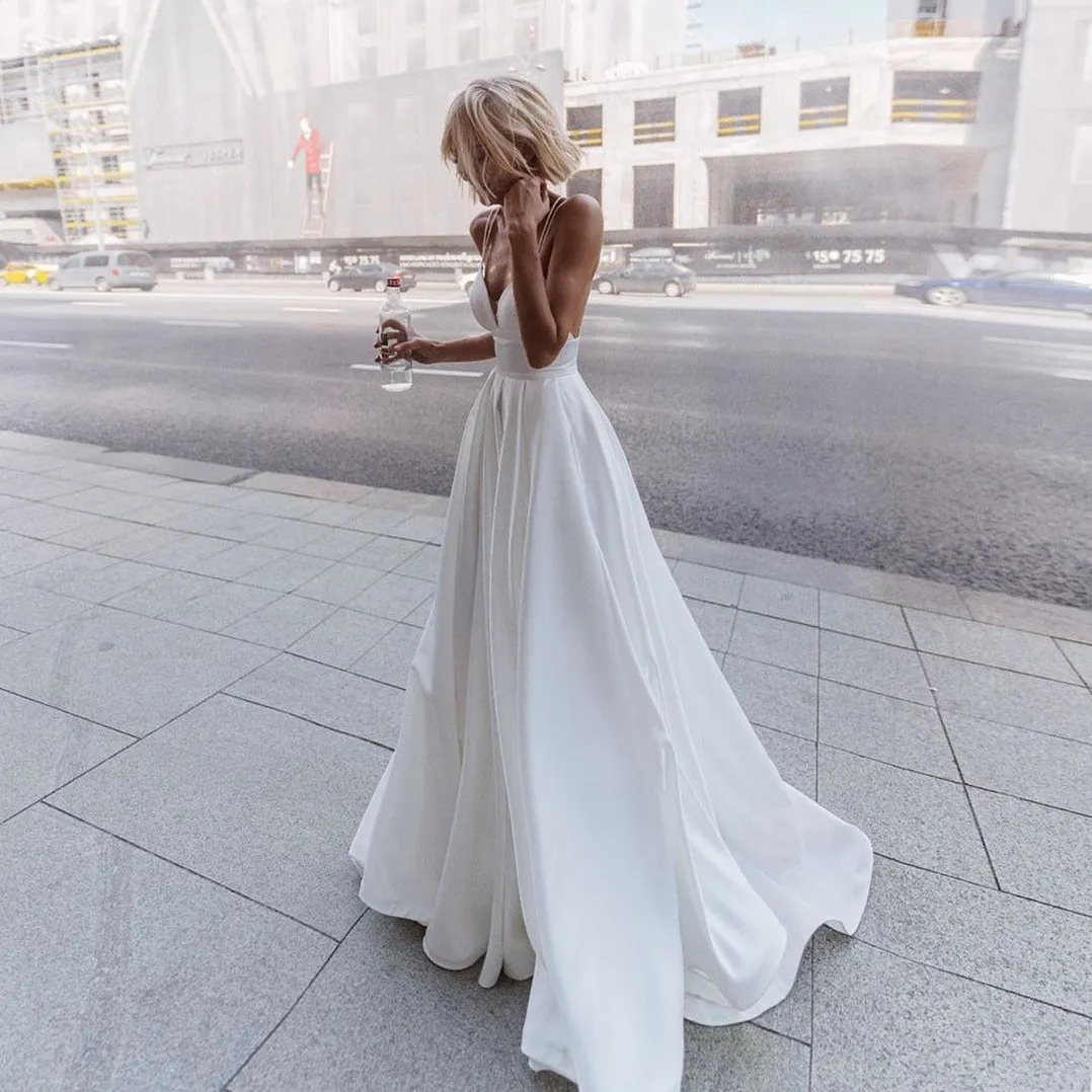 Plus Size Greek Style Boho Beach Wedding bohemian Wedding dress 2021 - Modest Long Satin Bridal Gown at Affordable Prices