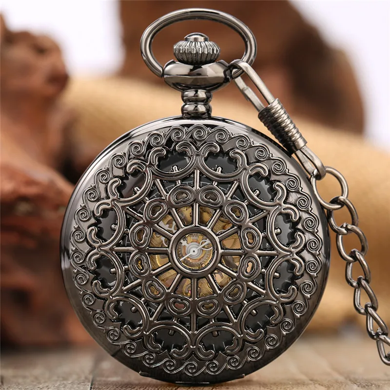 Vintage antyczne zegarki czarne unisex ręczne uzwojenie mechaniczne zegarek kieszonkowy pusta obudowa rzymską szkielet szkieletowy łańcuch zegara