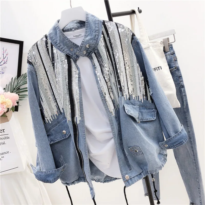 Primavera novo designer denim 2020 senhoras harajuku solto lantejoulas jeans jaqueta feminina casaco básico casual streetwear