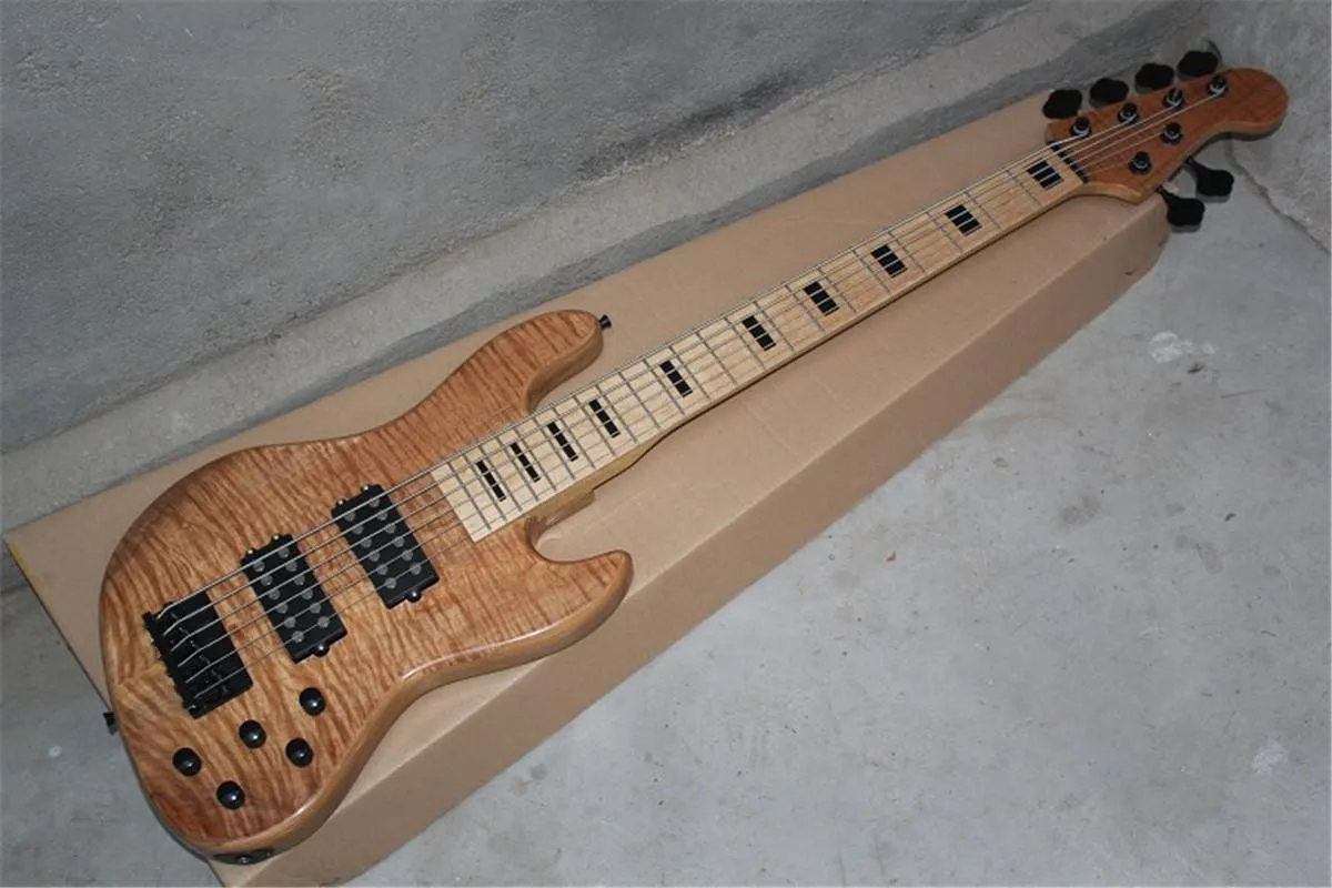 2022 Groothandel esdoorn hals Earth logo 6-snarige bas Burlywood elektrische basgitaar met actieve pickups