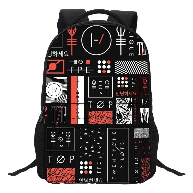 Mode Cartoon Boys Laptop Shoulder Bags Twenty One Pilots Printing Ryggsäckar Skola Bookbag för Teenagers Boys Mochila