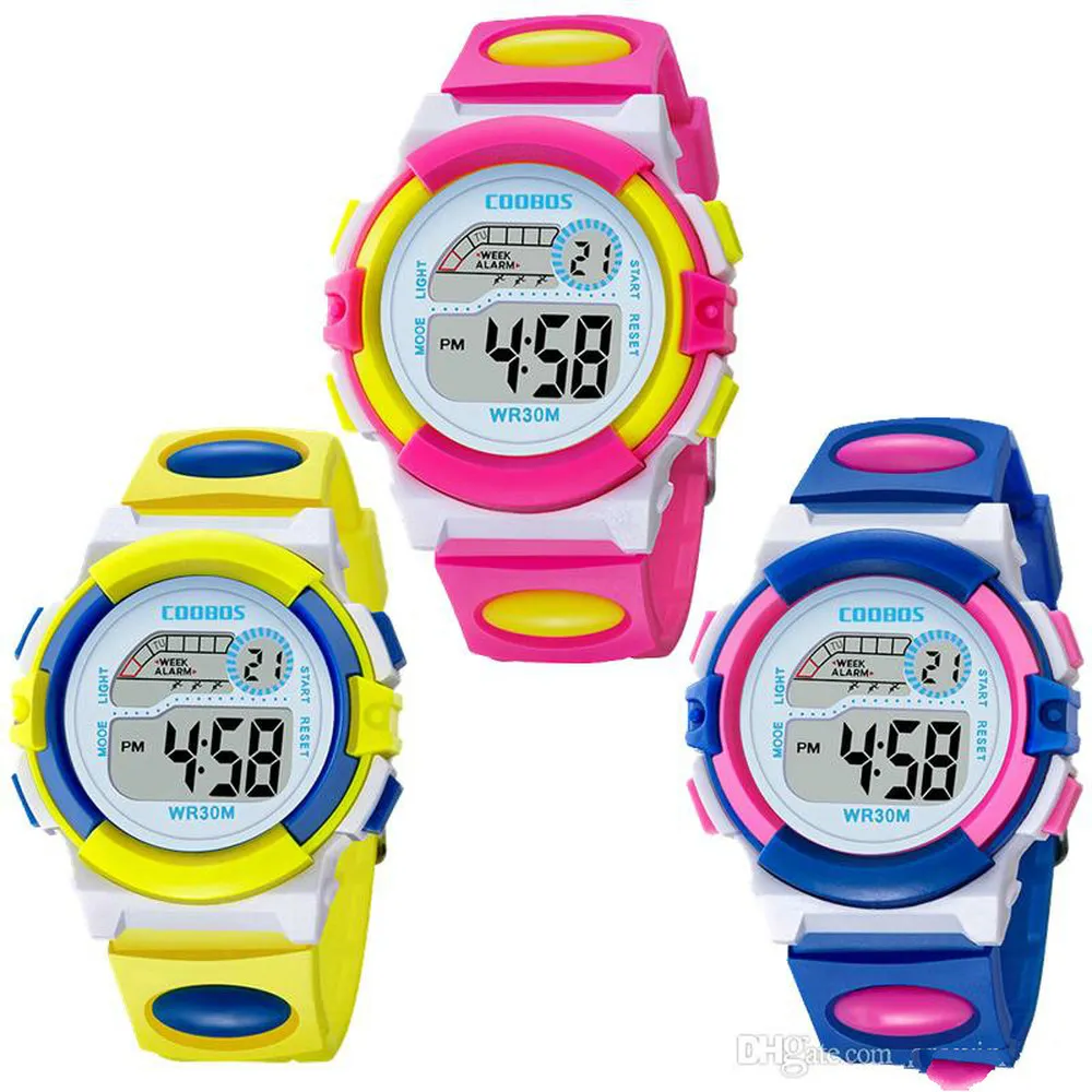 Design Mode Mädchen Jungen Sport LED Digitaluhr Coobos 0916 Relojes Para Niños Elektronische Multifunktions Kinder Geschenk Party Kinder Uhren