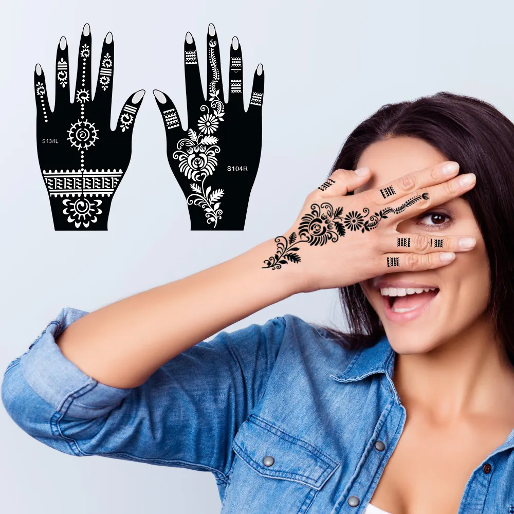 Henna Tattoo Stencils Mehndi Indien Stencil kit för handmålning Finger Kroppsfärg 6PCS Tillfälliga Tatueringar Mallar Gratis Ship 100sets