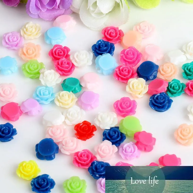 100/lot Mixed colors 10mm plastic rose flower DIY beads flat resin cabochon with paillette craft