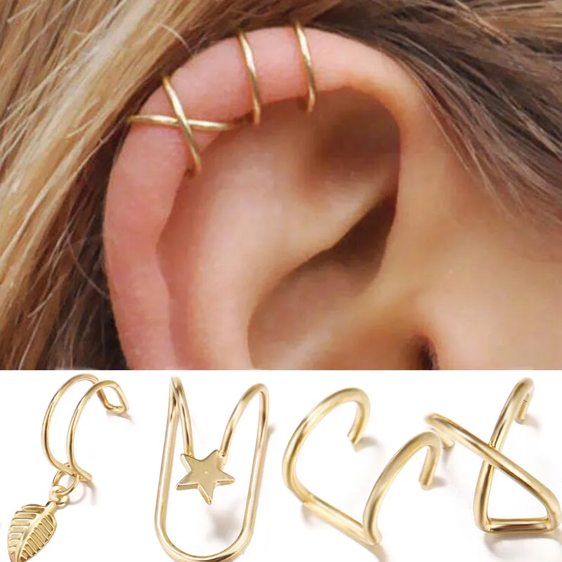 Boucles d'oreilles à Clip en forme de feuille d'étoile, en forme de C, feuilles d'or argentées, anneaux d'oreille pour femmes, manchette d'oreille, bijoux à la mode, cadeau de sable