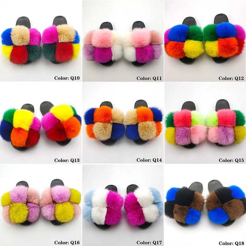 Furry Slides For Women Summer Fluffy Slippers House Women Big Fur Female Sandals Fashion Indoor Ladies Flip Flops With Pompon 899