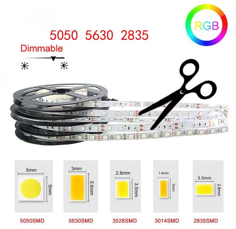 LED 스트립 라이트 DC12V 5M 300 LED SMD3528 5050 5630 DIODETAPE 단일 색상 고품질 리본 유연한 홈 디코레이션 조명