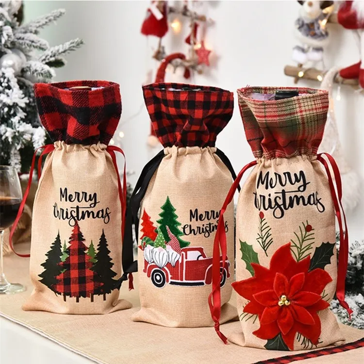 New Christmas DecorationChristmas Plaid Red Wine Bottle Set Flower