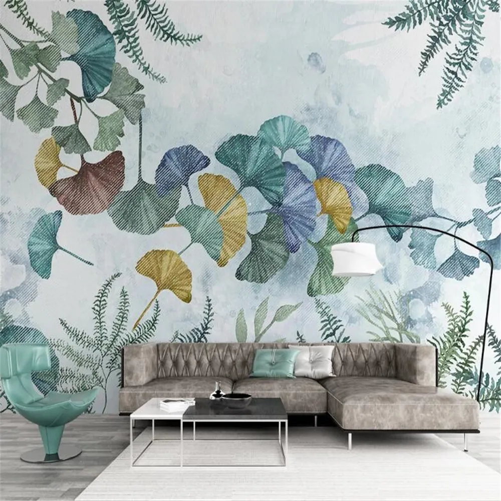 Milofi Нетканые обои фреска небольшой свежий современный минималистский растение гинкго лист ручная роспись стены фон Nordic TV