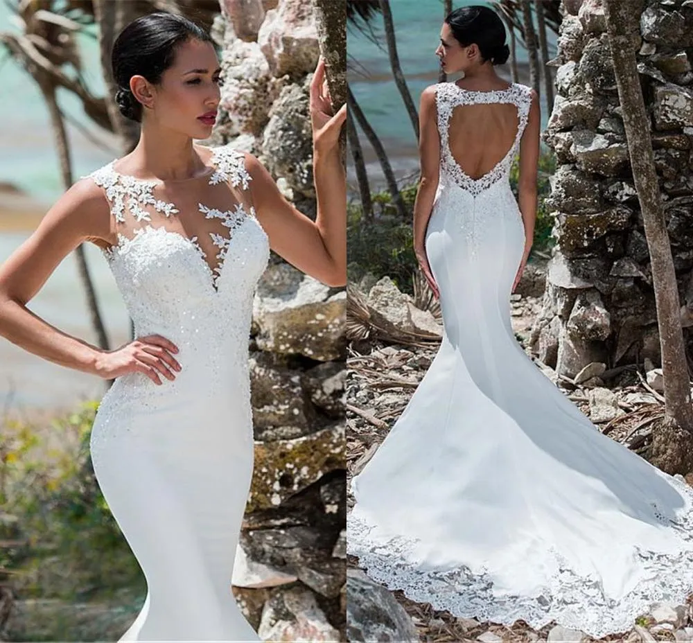 Sexy Mermaid Wedding Dress Lace Beads Sleeveless Open Back Appliqued Illusion Neck Boho Wedding Gown Long Tail White Ivory