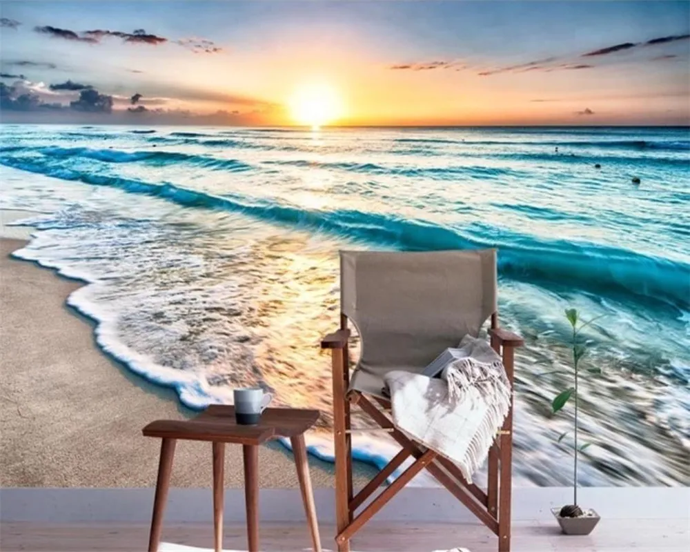 Niestandardowy fotografia 3d tapety 3d mural tapeta piękna plaża błękitna fala romantyczna sceneria dekoracyjna jedwabna ścienna tapeta
