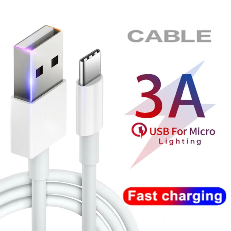 Cabo USB 3A de alta velocidade Carregador rápido Micro USB Tipo C Cabos de carregamento 1M 2M 3M