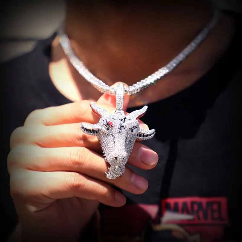 Hip Hop Iced GOAT Head Pendant in White Gold with Stainless Steel Rope Chain for Men Women3244