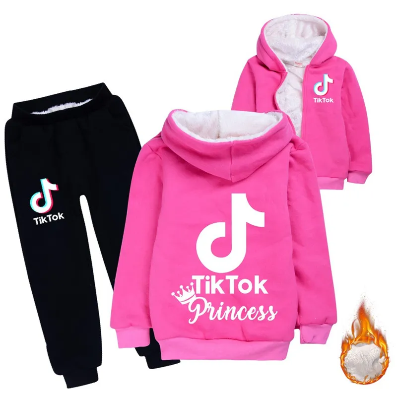 Hot sale TikTok Children's Cardigan Long Sleeve Zipper Velvet Hoodies Trousers Tik Tok Boy/Girl Set Teen Kids Winter Sweatshirt Hooded Coat