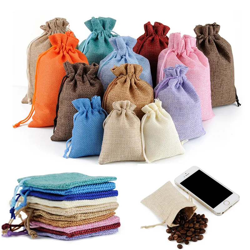 Eco-Friendly Mini Burlap Jute Sackcloth Linen Drawstring Bags Jewelry Pouches Bag Christmas Gift Packaging Bags Customized Logo