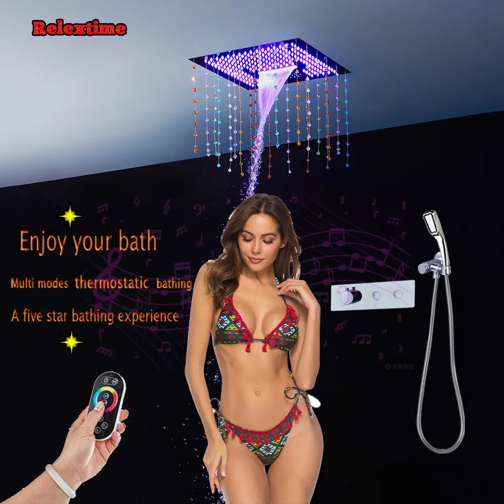 Crystal Decoration LED Bluetooth Ceiling Shower Head Hot Cold Water Concealed Thermostatic Push Button Shower Set Faucets Mixer PJ4201