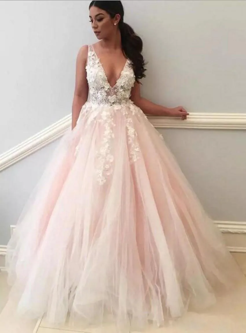 Pink Weiß Boho A Line Brautkleider Sleeveless V-Ansatz-Spitze-Hochzeits-Kleid-Schleife-Zug-robe de mariée