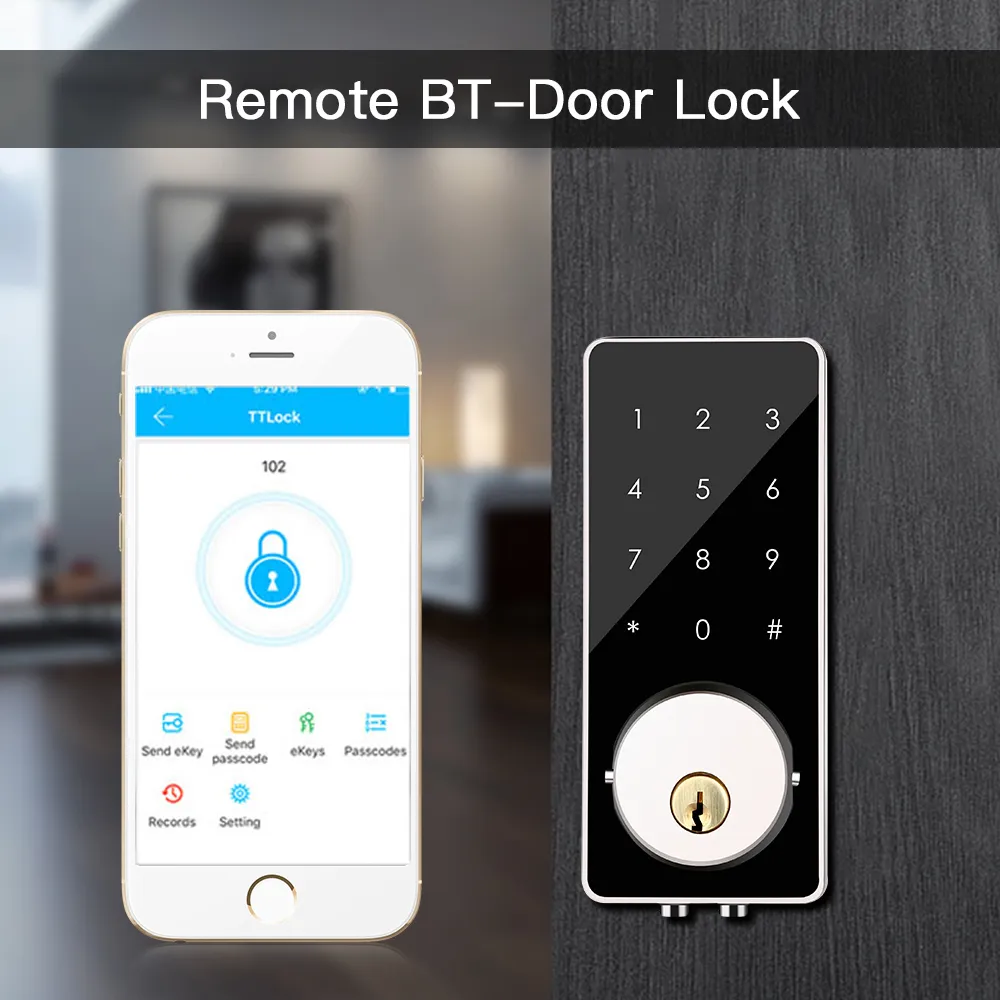 Smart Keyless Entry Deadbolt Digital elektronisk Bluetooth Dörr med knappsats Auto Hem Touch Screen Lock Y200407