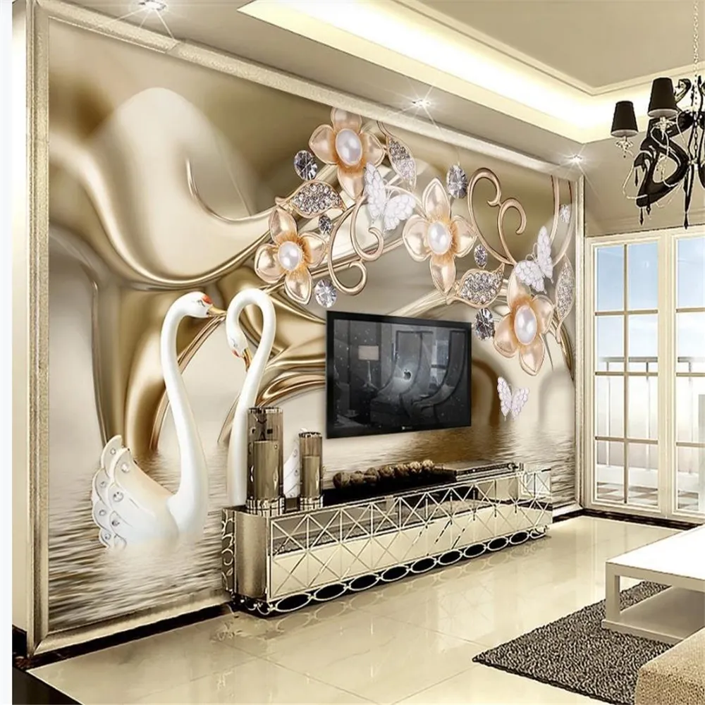 Luxury silver jewelry leaf crystal swan wallpapers 3d TV background wall modern wallpaper for living room