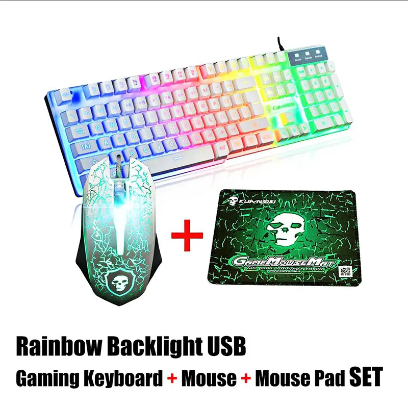 LED arco-íris Backlight USB ergonómico Wired Gaming Keyboard + 2400dpi rato + Mouse Pad Set Kit para pc computador portátil Gamer NOVO