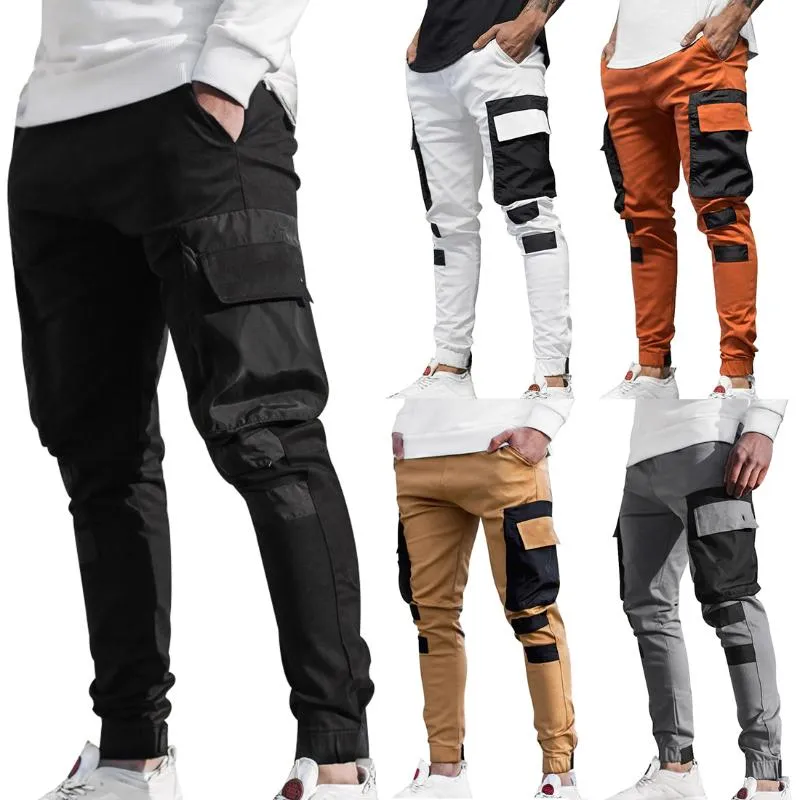 Calças masculinas mens moda streetwear multi bolsos carga harem hip hop casual faixa masculina harajuku corredores calças