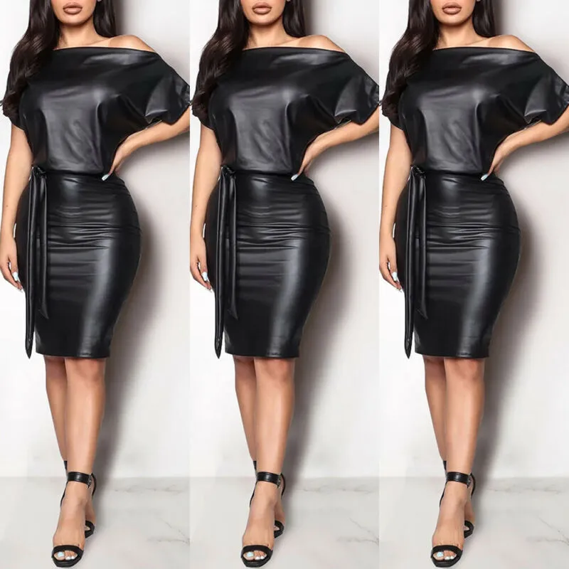 Sıradan Elbiseler Siyah Asimetrik Seksi Sahte Deri Bodycon Elbise Kadınlar Yaz Uzun Kollu Diz Kalem