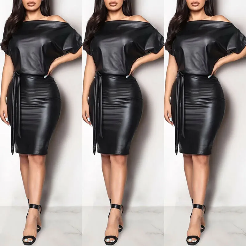 Casual Jurken Zwart Asymmetrisch Sexy Kunstleer Bodycon Jurk Vrouwen Zomer Lange Mouw Knielengte Potlood