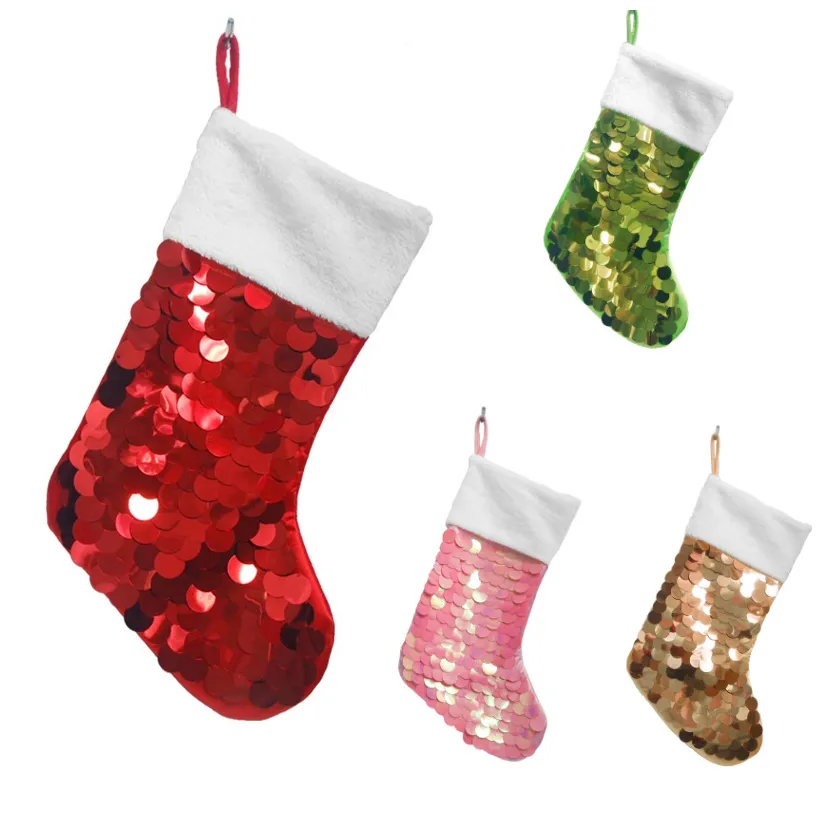 Christmas Tree Pendant Ornaments Sequin Stocking Decorations Gifts Bag 4colors HH9-3276