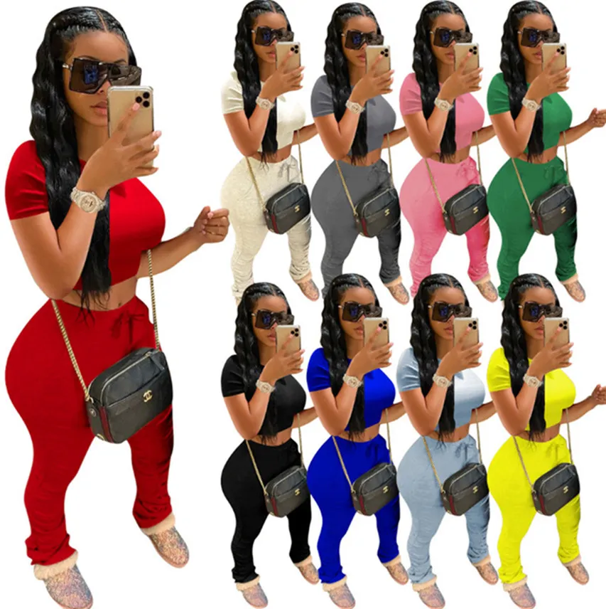 Donne Crop Top Pantaloni increspato abiti 2pcs colore solido t-shirt leggings S-3XL manica corta calzamaglia vestiti Abiti estate Autunno DHL 3639