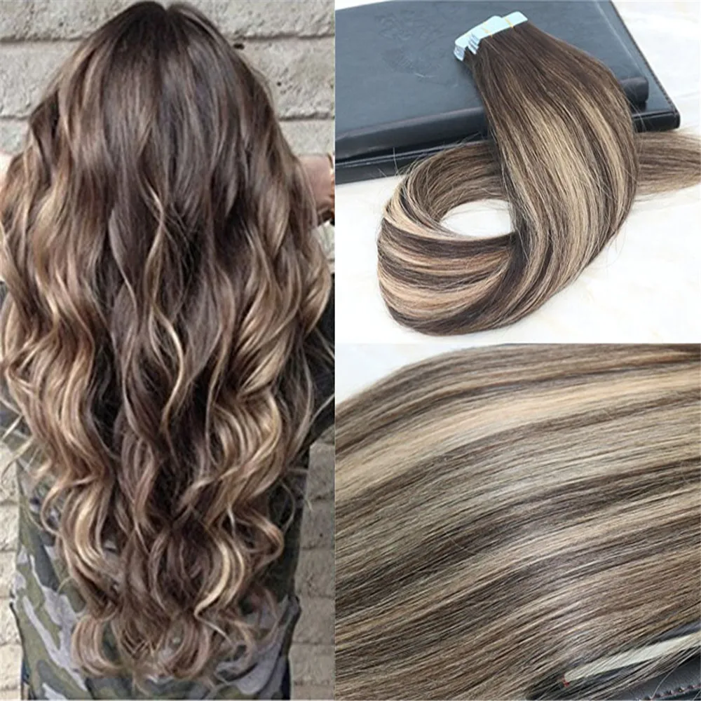 Remy Tape in Hair Extensions Balayage Color Dark Brown #2 Fading to Blonde #27 Mixed #3 Unprocessd Real Hair Seamless 100g 40pcs