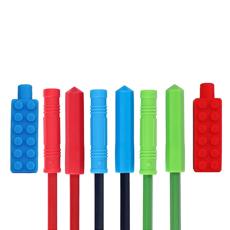Teether Autism Chew Brick Silicone Pencil Toppers, Silicone Bite Pen Cover, Teething ...