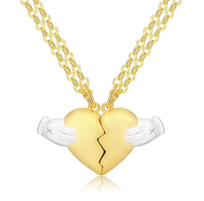 Senaste Design Brass Palm Broken Heart Pendant Halsband för par Män 63cm Kvinnor 54cm Säljs med hälften