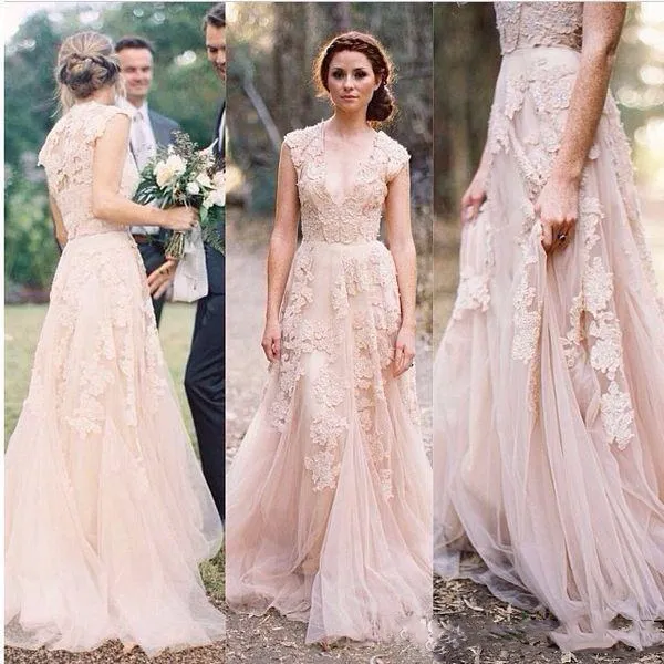 Boho Blush Różowy Delikatny Koronki Linia Suknia Ślubna 2022 Głęboka Neck Romantyczny Reem Acra Tulle Suknie ślubne Vintage Kraj Ogród Długa Bride Reception Suknie