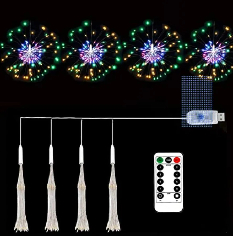 Luci di fuochi d'artificio in filo di rame USB 4 pezzi 320LED luce fata 8 modelli di luce starburst, adatta per luci sospese a corda per interni