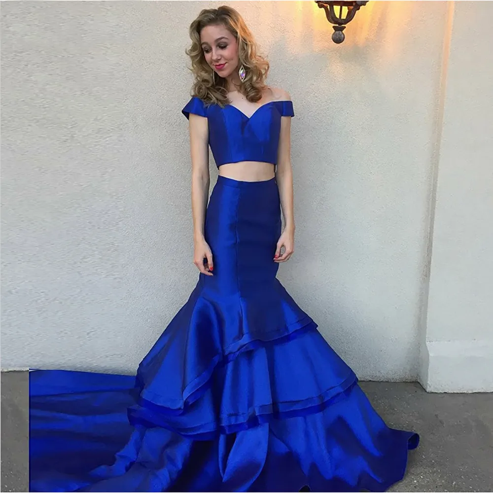 V-halsring av-the-shoulder sweep train tvådelar kungliga blå prom klänning sjöjungfrun kväll klänningar lång